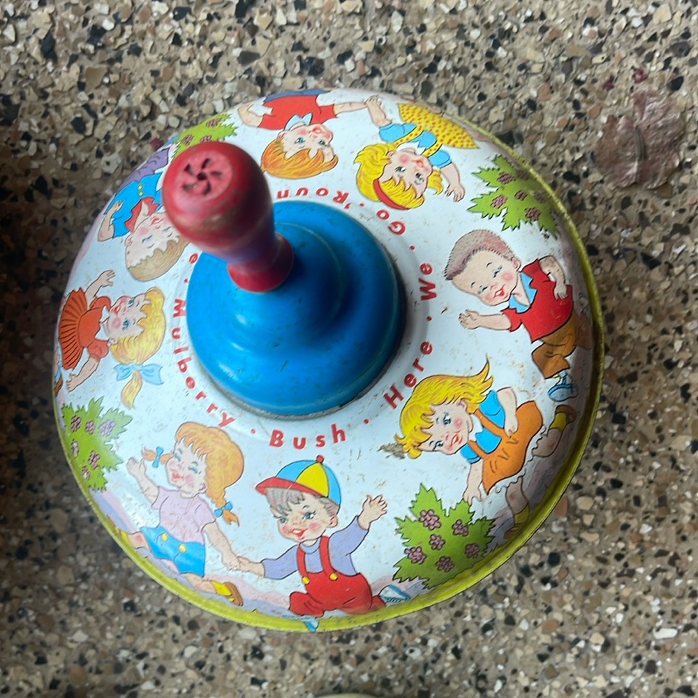 Vintage 1950s Ohio Arts Metal Spin Top Toy- Here We Go Round the Mulberry Bush
